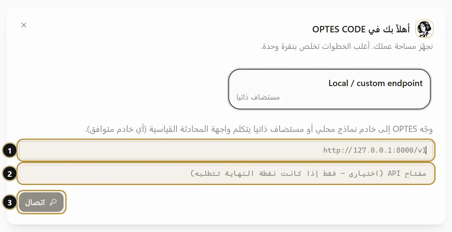 نافذة نقطة النهاية المحلية: عنوان الخادم ومفتاح اختياري وزر اتصال